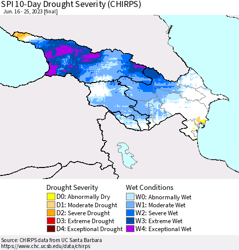 Azerbaijan, Armenia and Georgia SPI 10-Day Drought Severity (CHIRPS) Thematic Map For 6/16/2023 - 6/25/2023