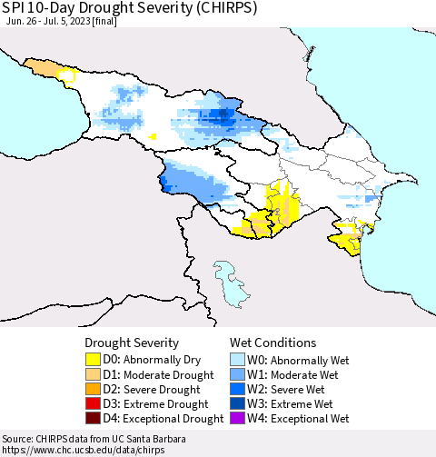 Azerbaijan, Armenia and Georgia SPI 10-Day Drought Severity (CHIRPS) Thematic Map For 6/26/2023 - 7/5/2023