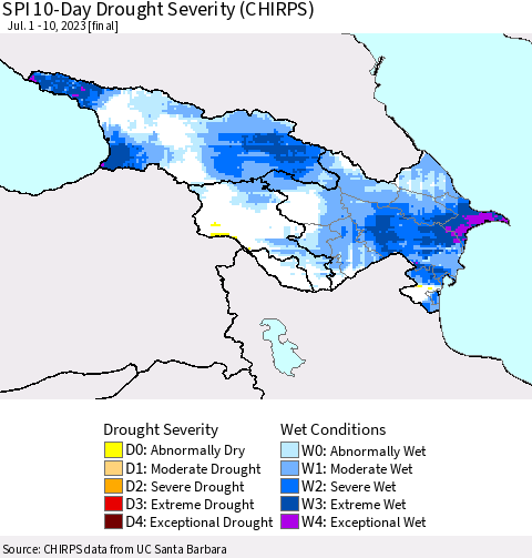 Azerbaijan, Armenia and Georgia SPI 10-Day Drought Severity (CHIRPS) Thematic Map For 7/1/2023 - 7/10/2023