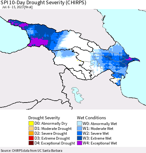 Azerbaijan, Armenia and Georgia SPI 10-Day Drought Severity (CHIRPS) Thematic Map For 7/6/2023 - 7/15/2023