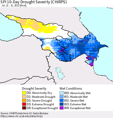 Azerbaijan, Armenia and Georgia SPI 10-Day Drought Severity (CHIRPS) Thematic Map For 7/21/2023 - 7/31/2023