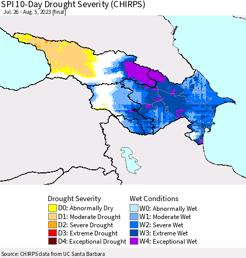 Azerbaijan, Armenia and Georgia SPI 10-Day Drought Severity (CHIRPS) Thematic Map For 7/26/2023 - 8/5/2023