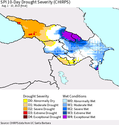 Azerbaijan, Armenia and Georgia SPI 10-Day Drought Severity (CHIRPS) Thematic Map For 8/1/2023 - 8/10/2023
