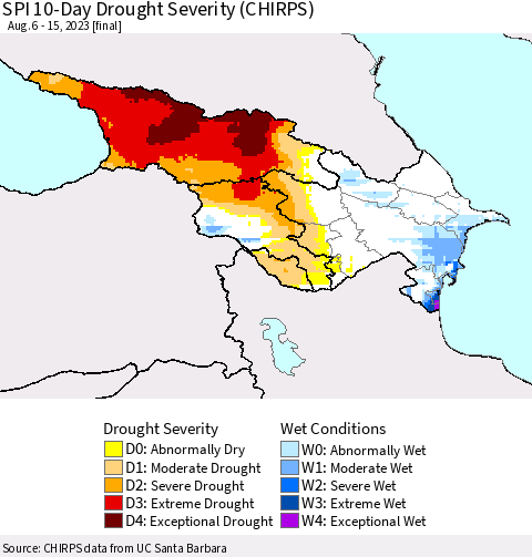 Azerbaijan, Armenia and Georgia SPI 10-Day Drought Severity (CHIRPS) Thematic Map For 8/6/2023 - 8/15/2023