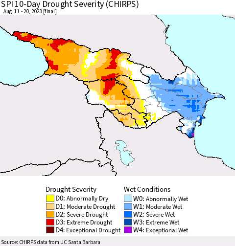 Azerbaijan, Armenia and Georgia SPI 10-Day Drought Severity (CHIRPS) Thematic Map For 8/11/2023 - 8/20/2023