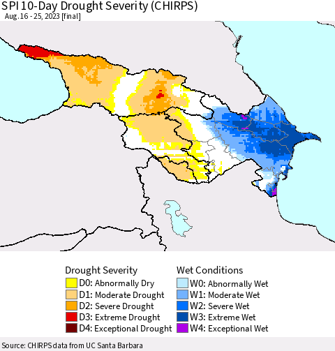 Azerbaijan, Armenia and Georgia SPI 10-Day Drought Severity (CHIRPS) Thematic Map For 8/16/2023 - 8/25/2023