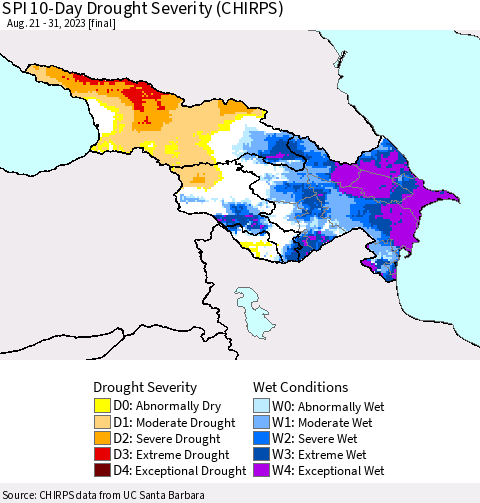 Azerbaijan, Armenia and Georgia SPI 10-Day Drought Severity (CHIRPS) Thematic Map For 8/21/2023 - 8/31/2023