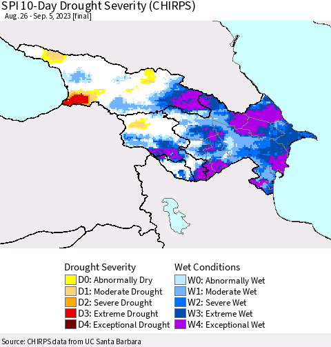 Azerbaijan, Armenia and Georgia SPI 10-Day Drought Severity (CHIRPS) Thematic Map For 8/26/2023 - 9/5/2023