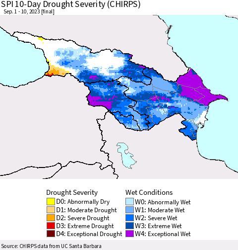Azerbaijan, Armenia and Georgia SPI 10-Day Drought Severity (CHIRPS) Thematic Map For 9/1/2023 - 9/10/2023