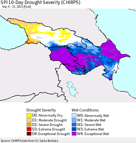 Azerbaijan, Armenia and Georgia SPI 10-Day Drought Severity (CHIRPS) Thematic Map For 9/6/2023 - 9/15/2023