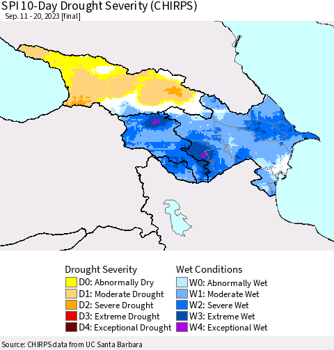 Azerbaijan, Armenia and Georgia SPI 10-Day Drought Severity (CHIRPS) Thematic Map For 9/11/2023 - 9/20/2023