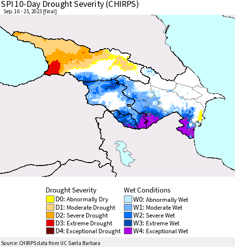 Azerbaijan, Armenia and Georgia SPI 10-Day Drought Severity (CHIRPS) Thematic Map For 9/16/2023 - 9/25/2023