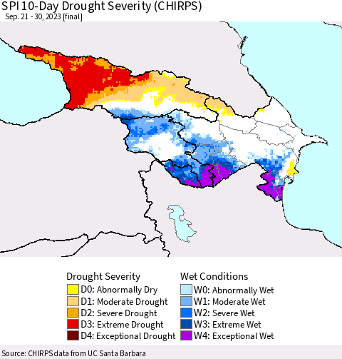 Azerbaijan, Armenia and Georgia SPI 10-Day Drought Severity (CHIRPS) Thematic Map For 9/21/2023 - 9/30/2023