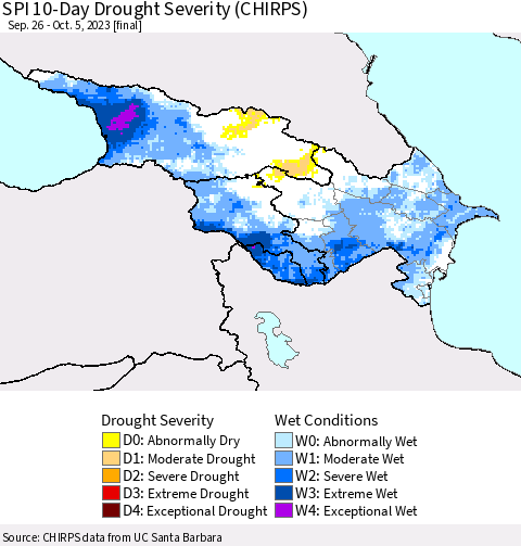 Azerbaijan, Armenia and Georgia SPI 10-Day Drought Severity (CHIRPS) Thematic Map For 9/26/2023 - 10/5/2023