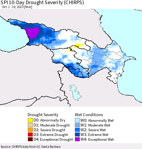 Azerbaijan, Armenia and Georgia SPI 10-Day Drought Severity (CHIRPS) Thematic Map For 10/1/2023 - 10/10/2023