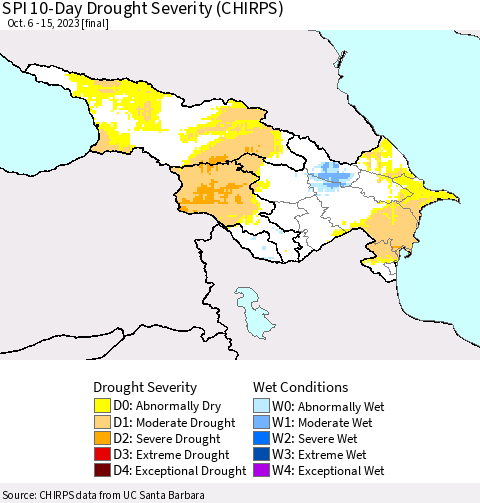 Azerbaijan, Armenia and Georgia SPI 10-Day Drought Severity (CHIRPS) Thematic Map For 10/6/2023 - 10/15/2023