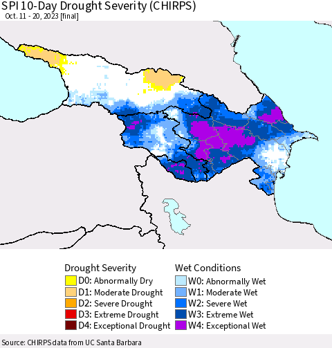 Azerbaijan, Armenia and Georgia SPI 10-Day Drought Severity (CHIRPS) Thematic Map For 10/11/2023 - 10/20/2023