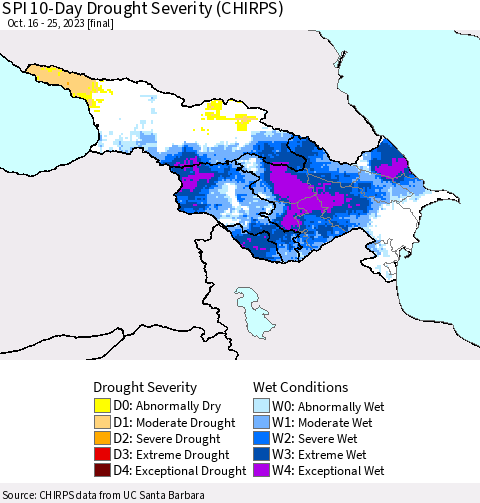 Azerbaijan, Armenia and Georgia SPI 10-Day Drought Severity (CHIRPS) Thematic Map For 10/16/2023 - 10/25/2023