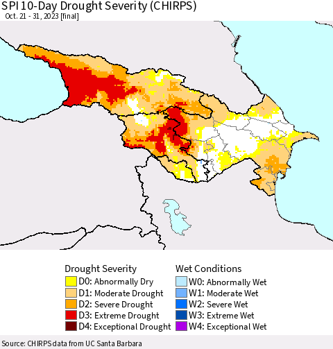 Azerbaijan, Armenia and Georgia SPI 10-Day Drought Severity (CHIRPS) Thematic Map For 10/21/2023 - 10/31/2023
