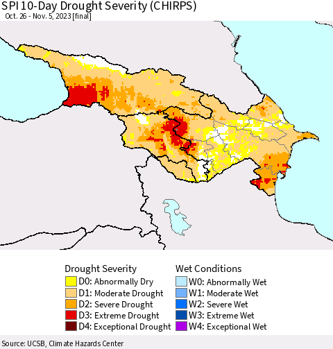 Azerbaijan, Armenia and Georgia SPI 10-Day Drought Severity (CHIRPS) Thematic Map For 10/26/2023 - 11/5/2023