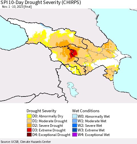 Azerbaijan, Armenia and Georgia SPI 10-Day Drought Severity (CHIRPS) Thematic Map For 11/1/2023 - 11/10/2023