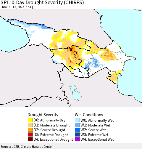 Azerbaijan, Armenia and Georgia SPI 10-Day Drought Severity (CHIRPS) Thematic Map For 11/6/2023 - 11/15/2023