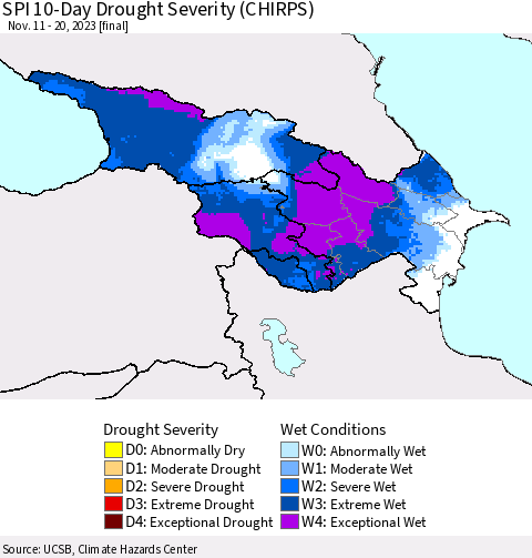 Azerbaijan, Armenia and Georgia SPI 10-Day Drought Severity (CHIRPS) Thematic Map For 11/11/2023 - 11/20/2023