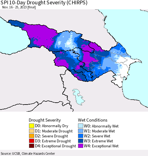 Azerbaijan, Armenia and Georgia SPI 10-Day Drought Severity (CHIRPS) Thematic Map For 11/16/2023 - 11/25/2023