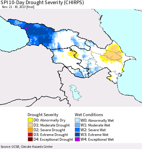 Azerbaijan, Armenia and Georgia SPI 10-Day Drought Severity (CHIRPS) Thematic Map For 11/21/2023 - 11/30/2023