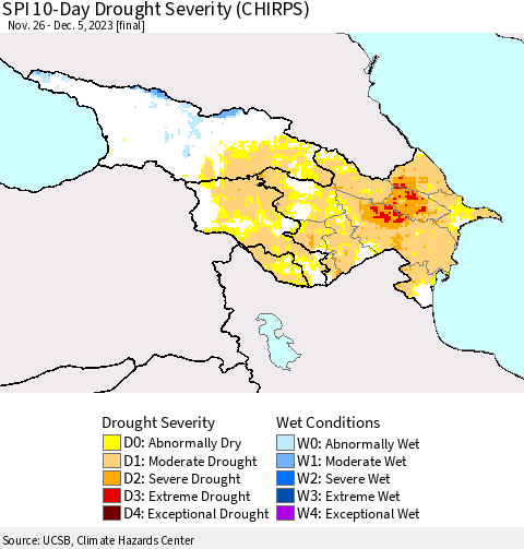 Azerbaijan, Armenia and Georgia SPI 10-Day Drought Severity (CHIRPS) Thematic Map For 11/26/2023 - 12/5/2023