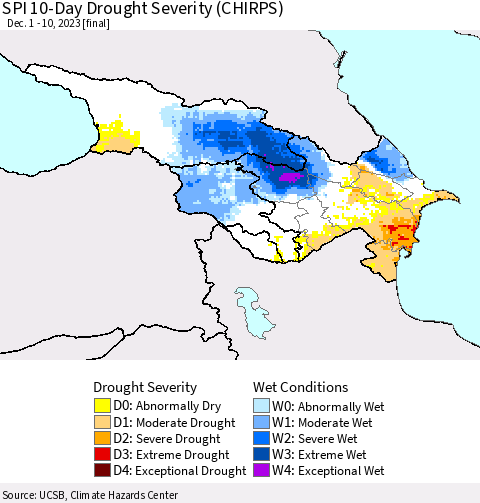 Azerbaijan, Armenia and Georgia SPI 10-Day Drought Severity (CHIRPS) Thematic Map For 12/1/2023 - 12/10/2023