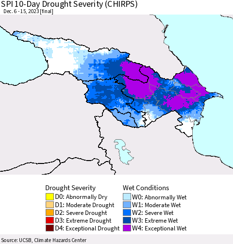 Azerbaijan, Armenia and Georgia SPI 10-Day Drought Severity (CHIRPS) Thematic Map For 12/6/2023 - 12/15/2023