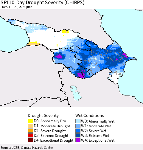 Azerbaijan, Armenia and Georgia SPI 10-Day Drought Severity (CHIRPS) Thematic Map For 12/11/2023 - 12/20/2023