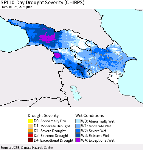 Azerbaijan, Armenia and Georgia SPI 10-Day Drought Severity (CHIRPS) Thematic Map For 12/16/2023 - 12/25/2023