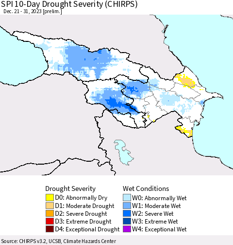 Azerbaijan, Armenia and Georgia SPI 10-Day Drought Severity (CHIRPS) Thematic Map For 12/21/2023 - 12/31/2023