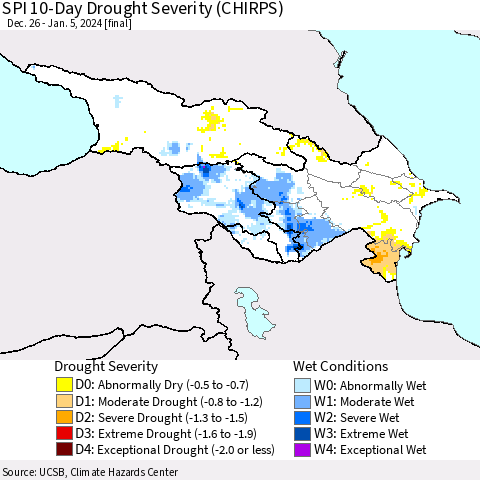 Azerbaijan, Armenia and Georgia SPI 10-Day Drought Severity (CHIRPS) Thematic Map For 12/26/2023 - 1/5/2024