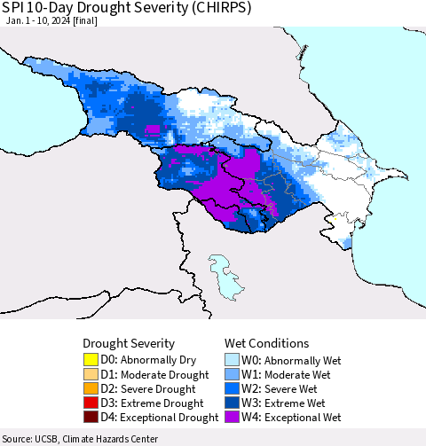 Azerbaijan, Armenia and Georgia SPI 10-Day Drought Severity (CHIRPS) Thematic Map For 1/1/2024 - 1/10/2024