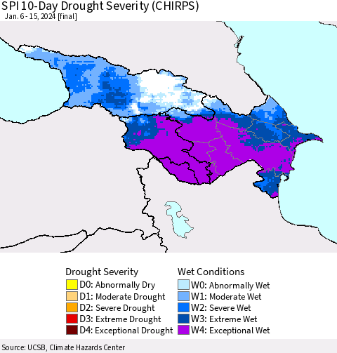 Azerbaijan, Armenia and Georgia SPI 10-Day Drought Severity (CHIRPS) Thematic Map For 1/6/2024 - 1/15/2024