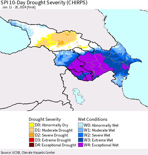 Azerbaijan, Armenia and Georgia SPI 10-Day Drought Severity (CHIRPS) Thematic Map For 1/11/2024 - 1/20/2024