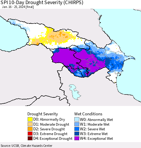 Azerbaijan, Armenia and Georgia SPI 10-Day Drought Severity (CHIRPS) Thematic Map For 1/16/2024 - 1/25/2024