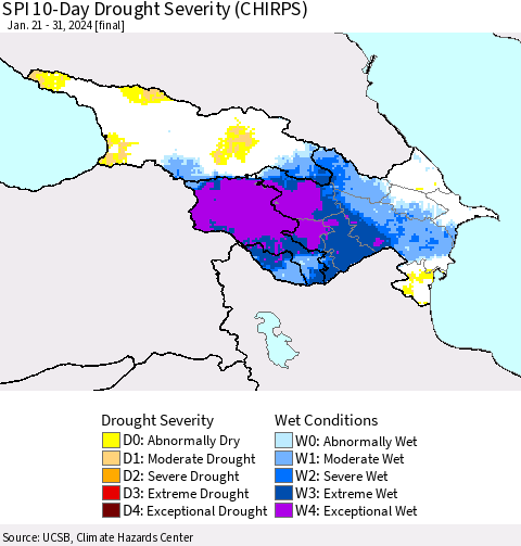 Azerbaijan, Armenia and Georgia SPI 10-Day Drought Severity (CHIRPS) Thematic Map For 1/21/2024 - 1/31/2024