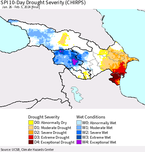 Azerbaijan, Armenia and Georgia SPI 10-Day Drought Severity (CHIRPS) Thematic Map For 1/26/2024 - 2/5/2024