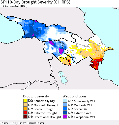 Azerbaijan, Armenia and Georgia SPI 10-Day Drought Severity (CHIRPS) Thematic Map For 2/1/2024 - 2/10/2024