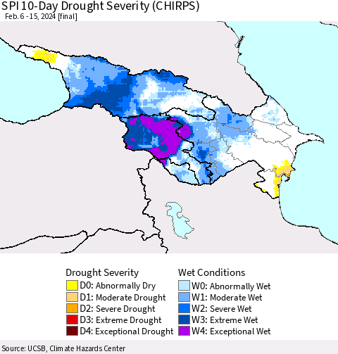 Azerbaijan, Armenia and Georgia SPI 10-Day Drought Severity (CHIRPS) Thematic Map For 2/6/2024 - 2/15/2024
