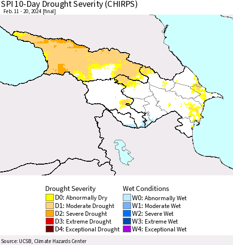 Azerbaijan, Armenia and Georgia SPI 10-Day Drought Severity (CHIRPS) Thematic Map For 2/11/2024 - 2/20/2024