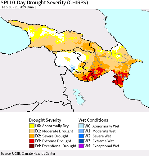 Azerbaijan, Armenia and Georgia SPI 10-Day Drought Severity (CHIRPS) Thematic Map For 2/16/2024 - 2/25/2024