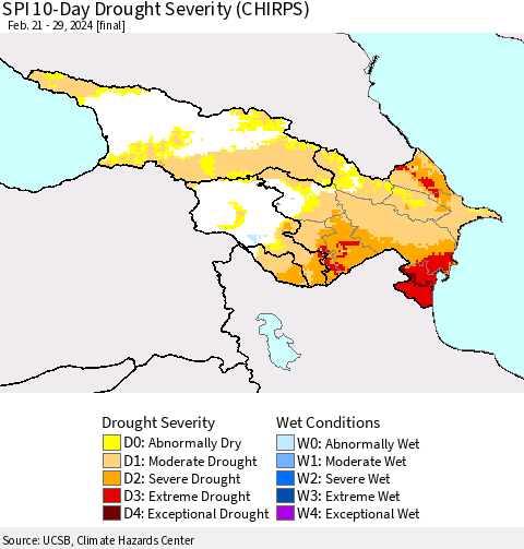 Azerbaijan, Armenia and Georgia SPI 10-Day Drought Severity (CHIRPS) Thematic Map For 2/21/2024 - 2/29/2024