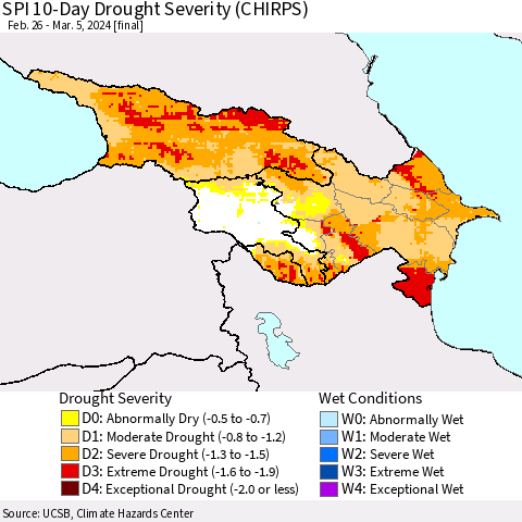 Azerbaijan, Armenia and Georgia SPI 10-Day Drought Severity (CHIRPS) Thematic Map For 2/26/2024 - 3/5/2024