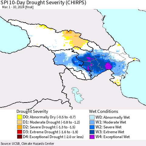 Azerbaijan, Armenia and Georgia SPI 10-Day Drought Severity (CHIRPS) Thematic Map For 3/1/2024 - 3/10/2024