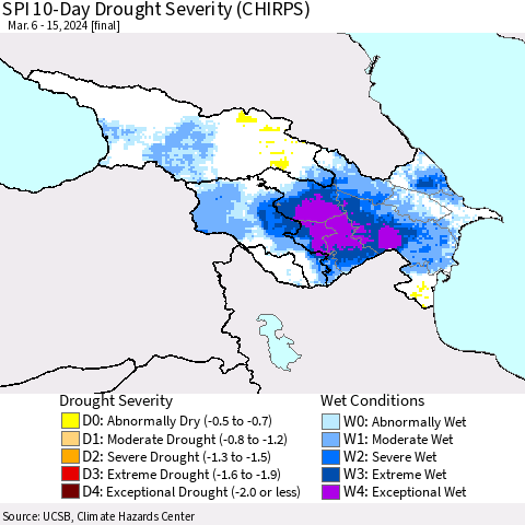Azerbaijan, Armenia and Georgia SPI 10-Day Drought Severity (CHIRPS) Thematic Map For 3/6/2024 - 3/15/2024